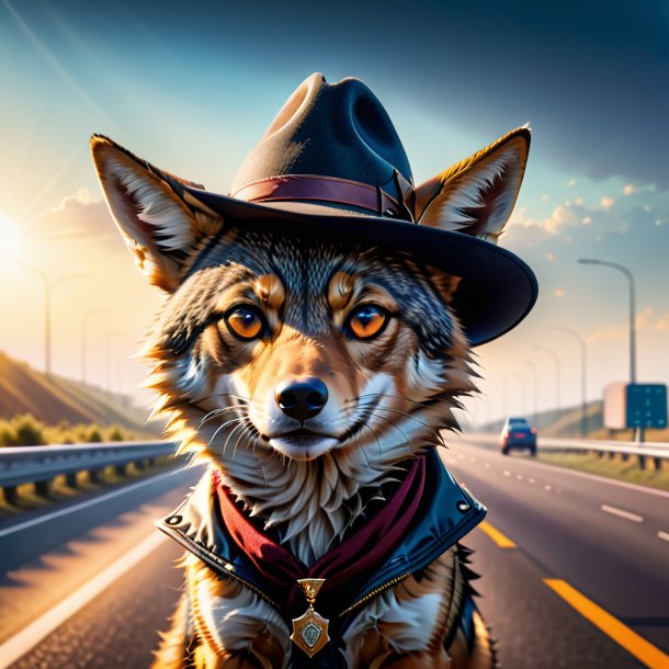 Picture of a jackal in a hat on the highway