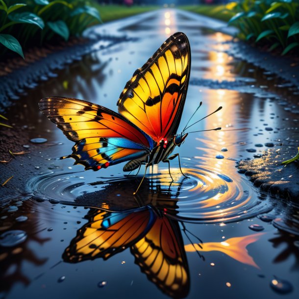 Drawing of a butterfly in a coat in the puddle