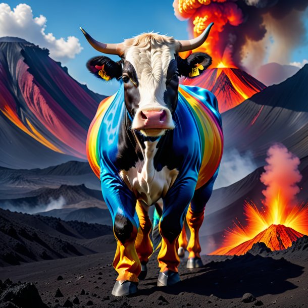 Photo of a cow in a trousers in the volcano