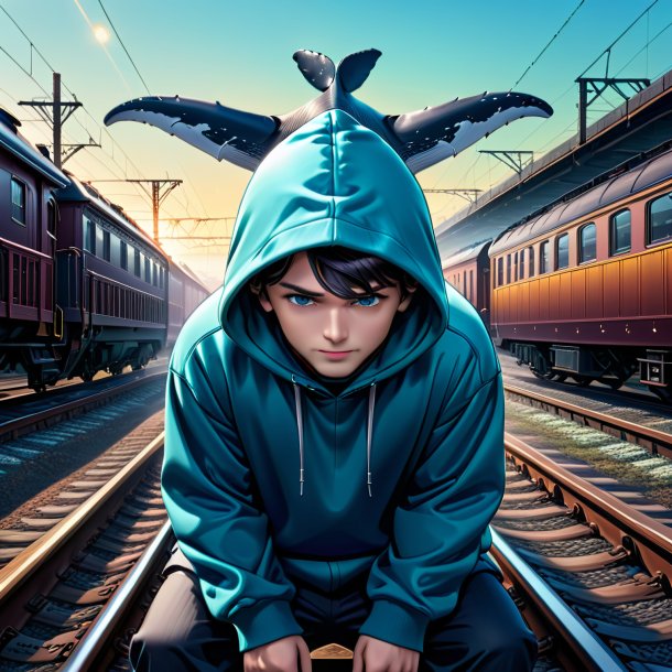 Ilustração de uma baleia em um hoodie nos trilhos ferroviários