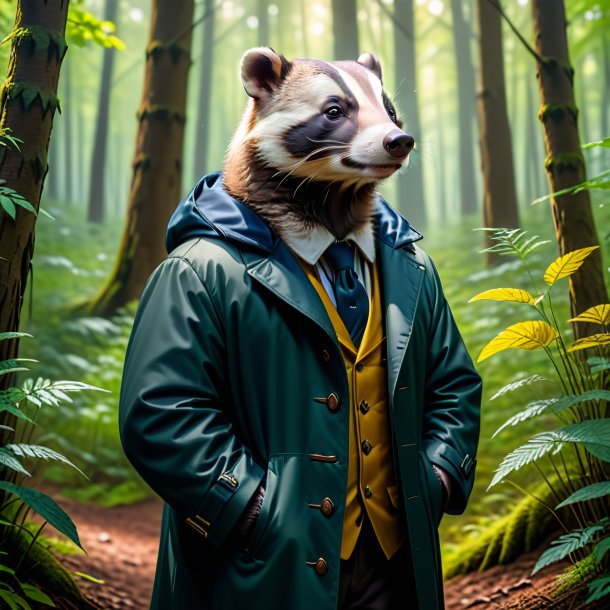 Picture of a badger in a coat in the forest