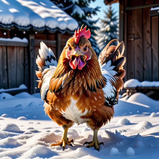 Uma foto de uma galinha com raiva na neve