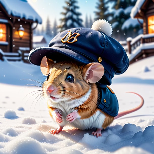 Image of a mouse in a cap in the snow