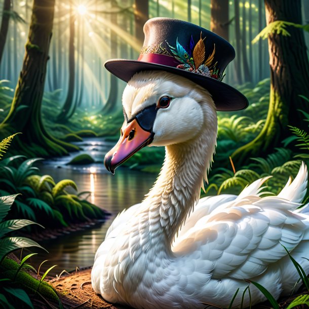 Imagem de um cisne em um chapéu na floresta