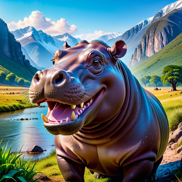 Picture of a smiling of a hippopotamus in the mountains