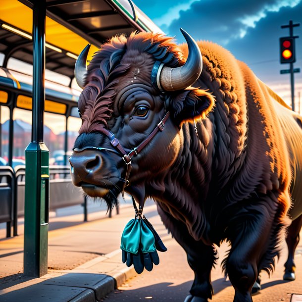 Photo of a buffalo in a gloves on the bus stop