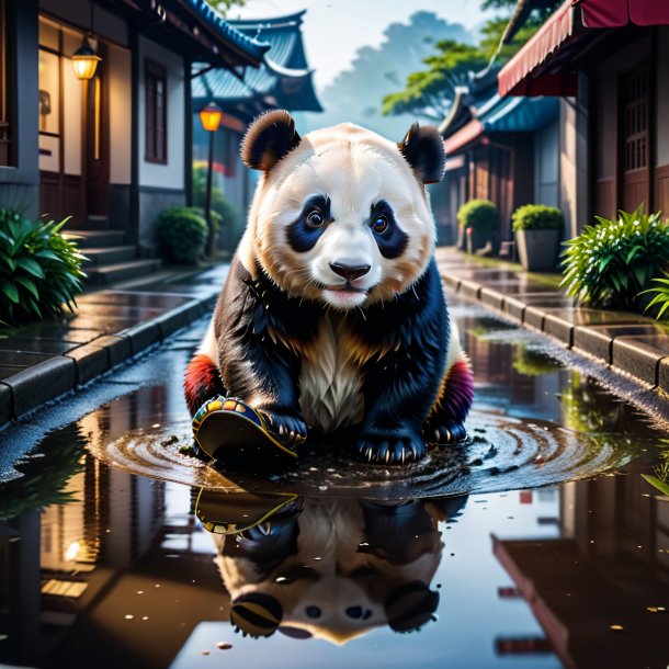 Image of a giant panda in a shoes in the puddle