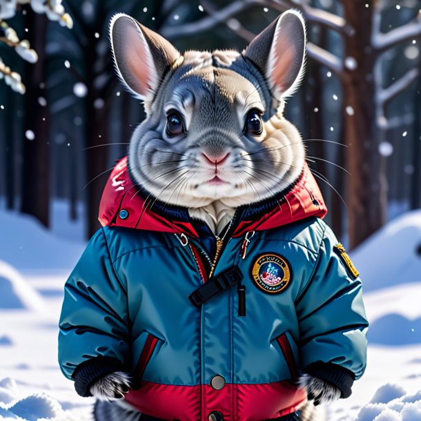 Foto de una chinchillas en una chaqueta en la nieve