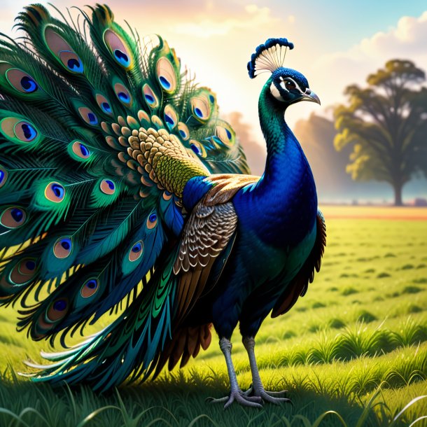 Drawing of a peacock in a coat on the field