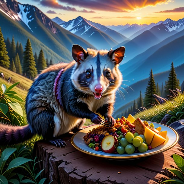 Pic d'une dégustation d'un opossum dans les montagnes