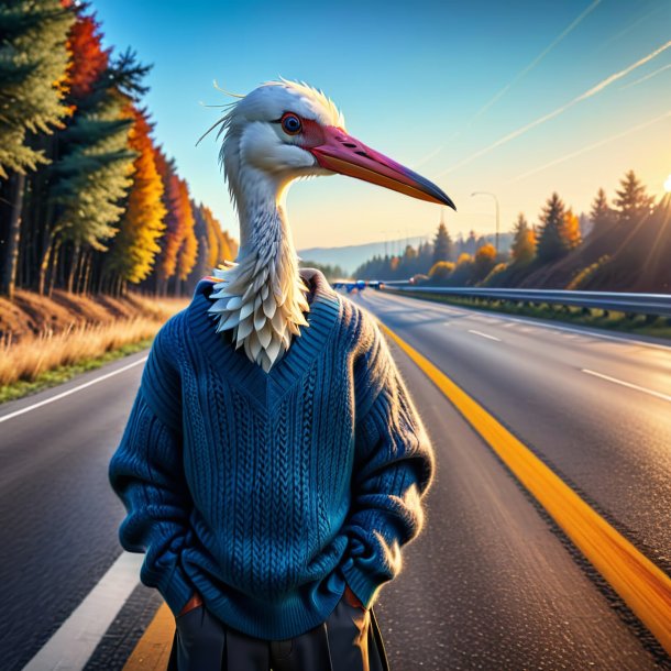 Imagen de una cigüeña en un suéter en la carretera