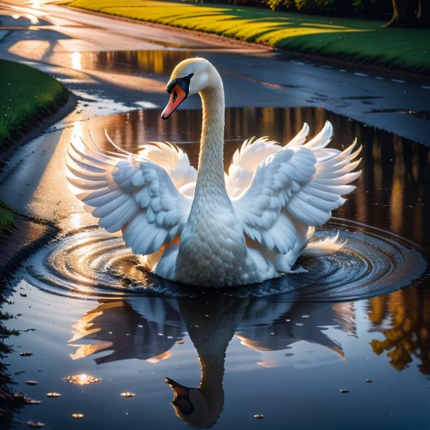 Photo of a swan in a dress in the puddle