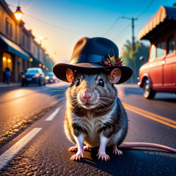 Photo d'un rat dans un chapeau sur la route