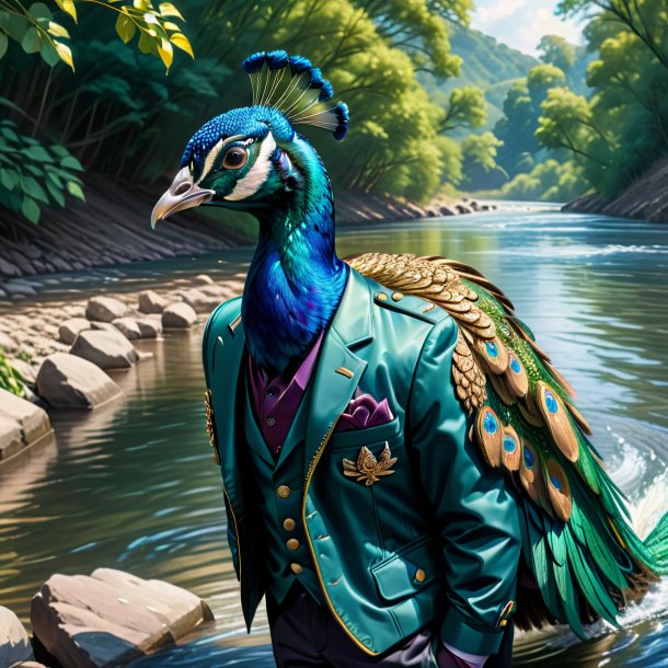 Drawing of a peacock in a jacket in the river