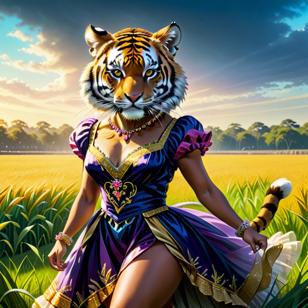 Dibujo del tigre en un vestido en el campo