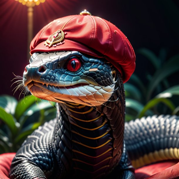 Photo of a king cobra in a red cap