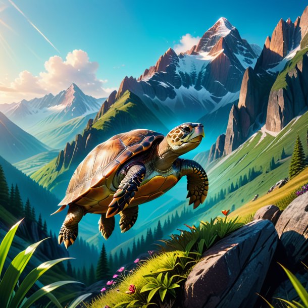 Picture of a jumping of a turtle in the mountains