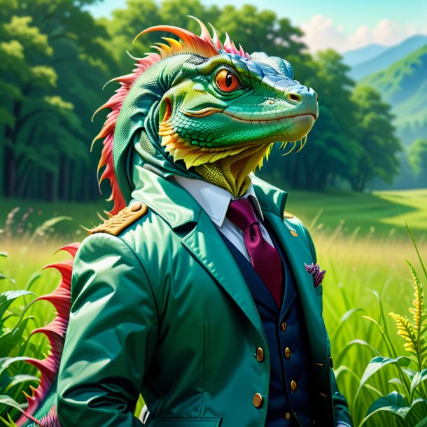 Illustration of a basilisk in a jacket in the meadow