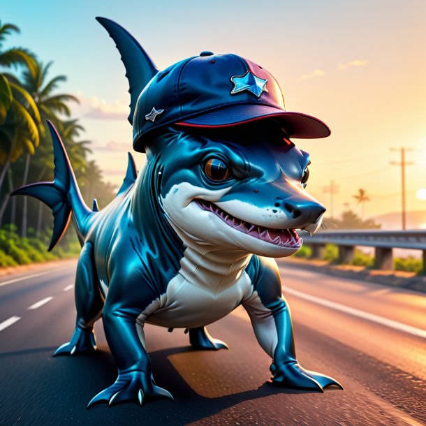 Drawing of a hammerhead shark in a cap on the road