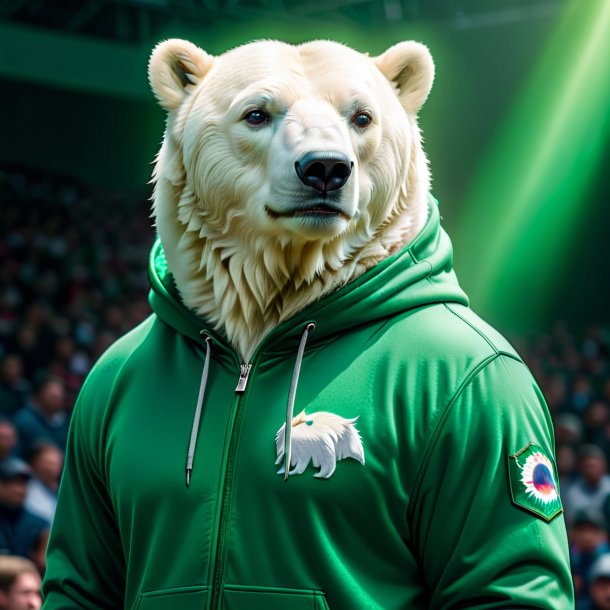 Photo of a polar bear in a green hoodie