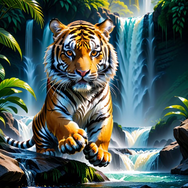 Picture of a tiger in a gloves in the waterfall