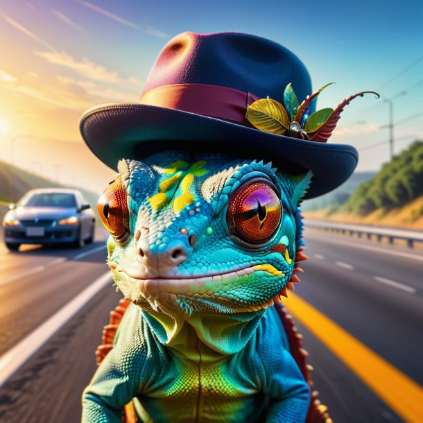 Picture of a chameleon in a hat on the highway