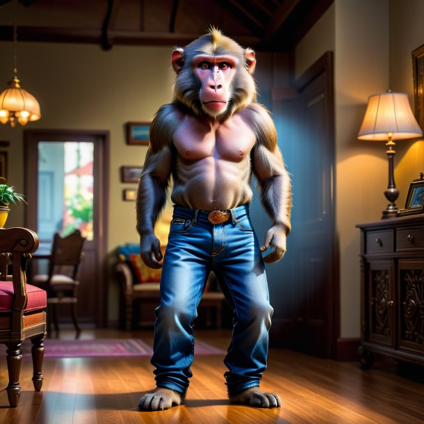 Picture of a baboon in a jeans in the house