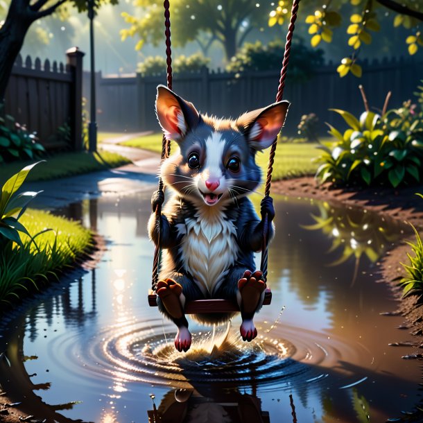 Photo of a swinging on a swing of a possum in the puddle