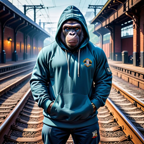 Pic of a gorilla in a hoodie on the railway tracks