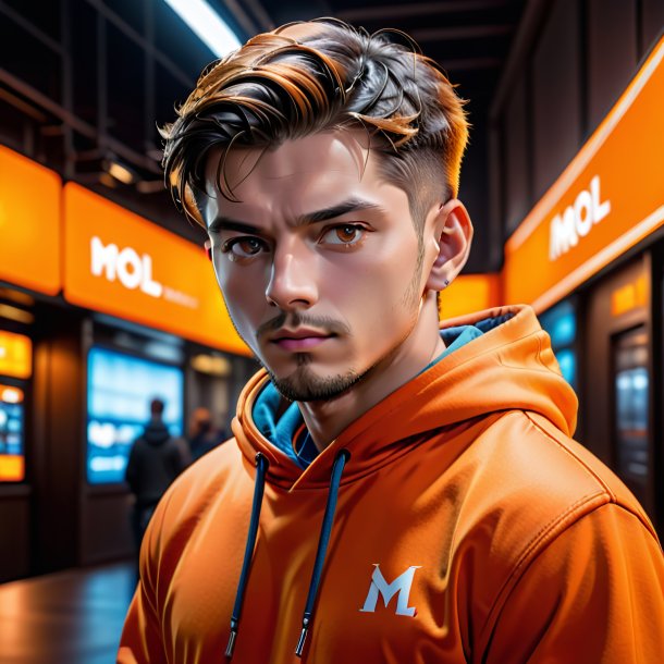 Picture of a mol in a orange hoodie