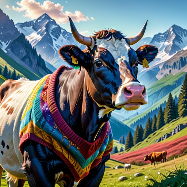 Image of a cow in a sweater in the mountains