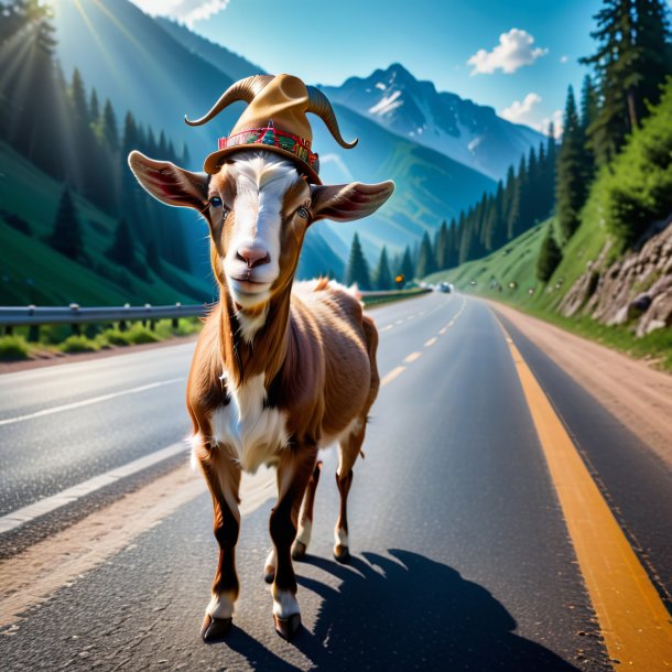 Picture of a goat in a hat on the road