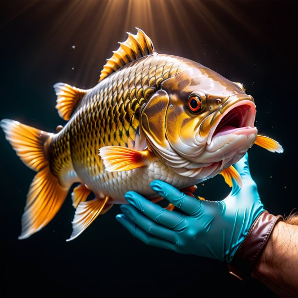 Image of a carp in a brown gloves