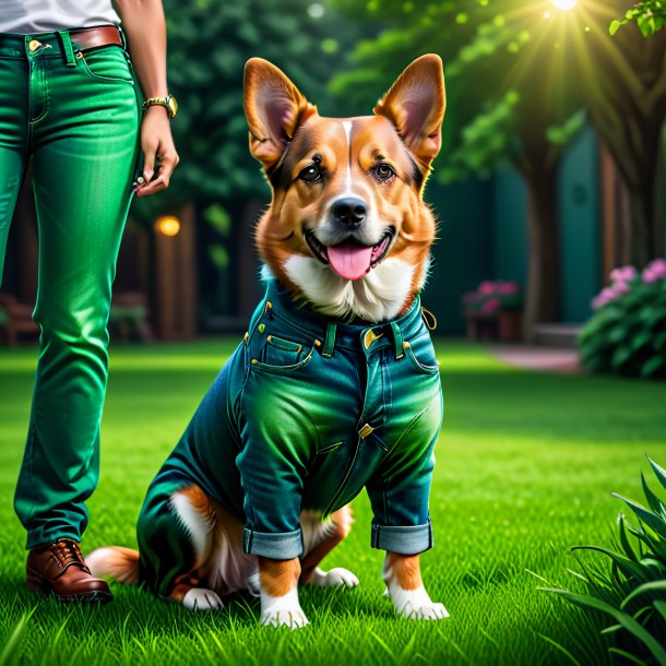 Imagem de um cão em um jeans verde