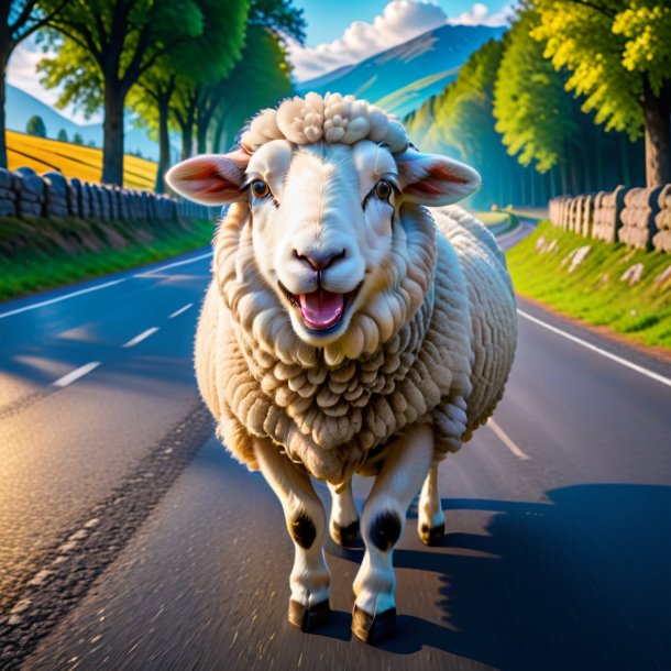 Pic of a smiling of a sheep on the road