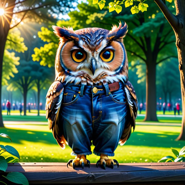 Image of a owl in a jeans in the park