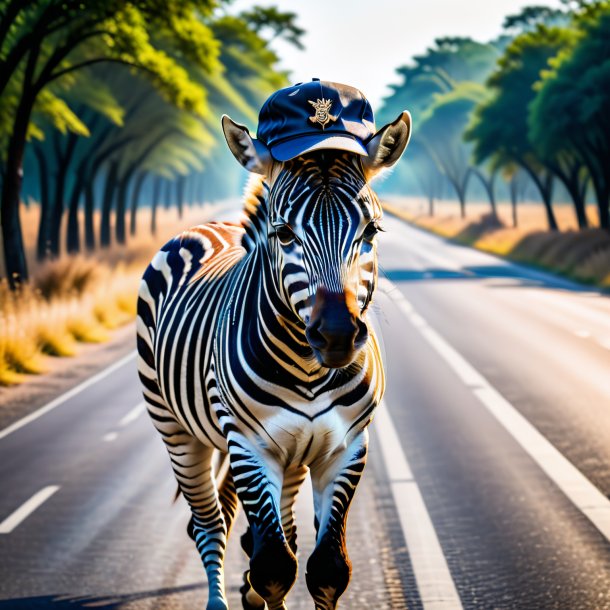 Photo of a zebra in a cap on the road