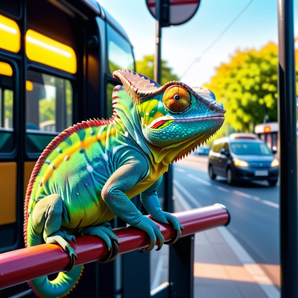 Imagem de um camaleão em um cinto no ponto de ônibus