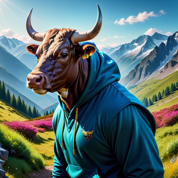 Photo of a bull in a hoodie in the mountains