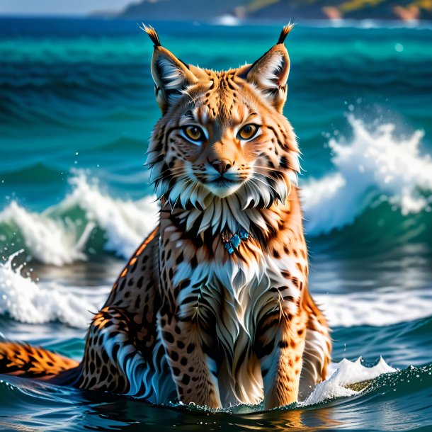 Photo of a lynx in a dress in the sea