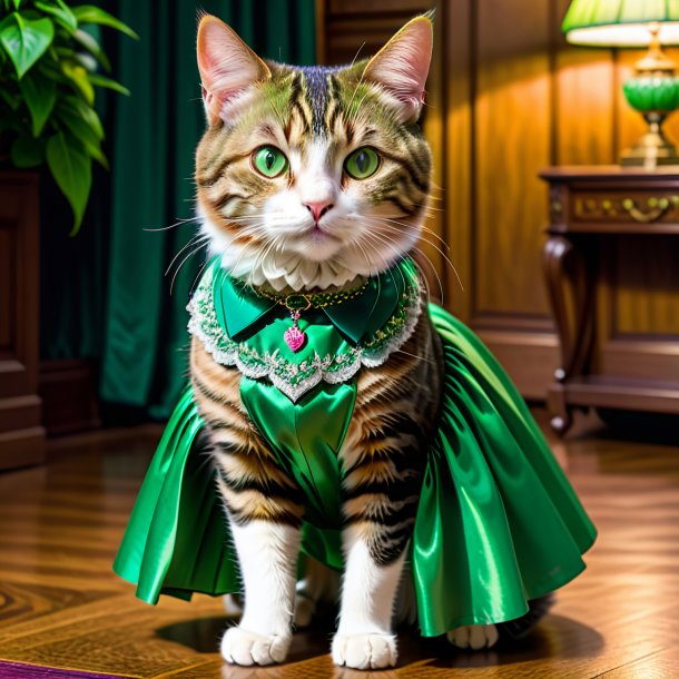 Pic of a cat in a green skirt