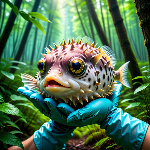 Pic of a pufferfish in a gloves in the forest