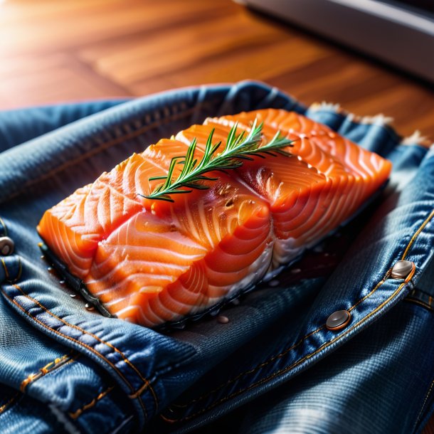 De um salmão em um jeans na casa