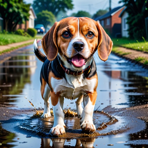 Image of a angry of a beagle in the puddle