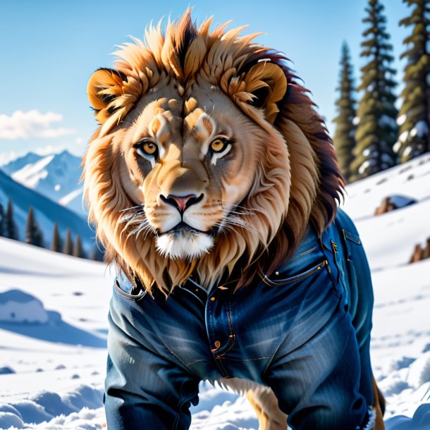 Photo d'un lion dans un jean dans la neige