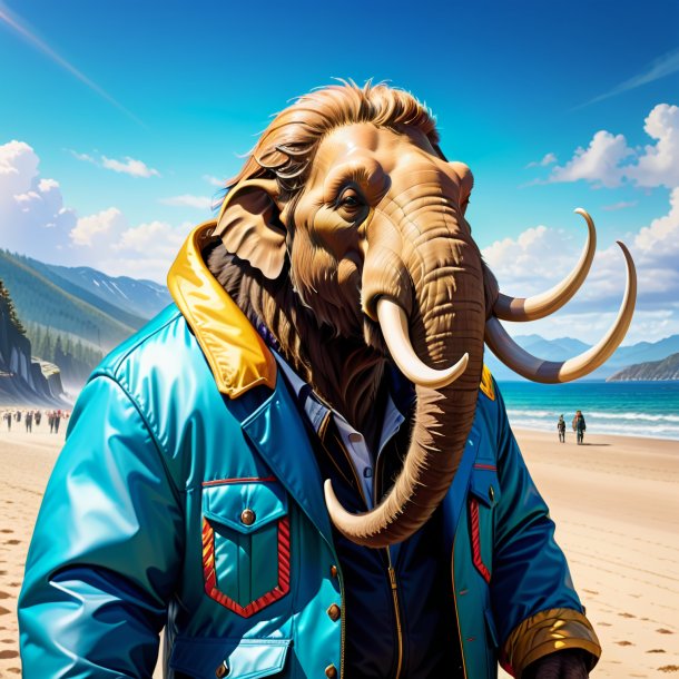 Drawing of a mammoth in a jacket on the beach