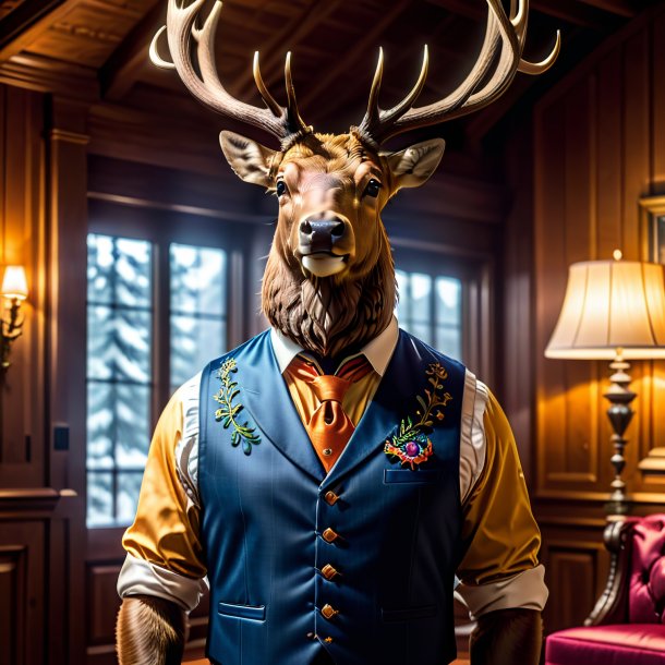 Image of a elk in a vest in the house