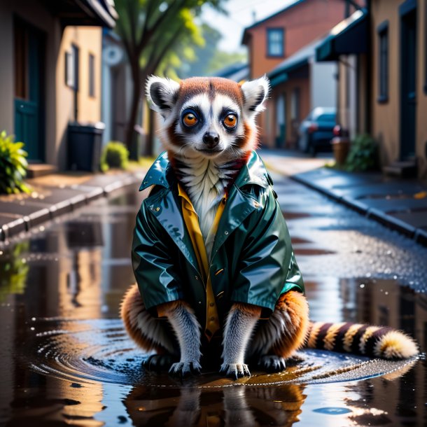 Photo of a lemur in a coat in the puddle