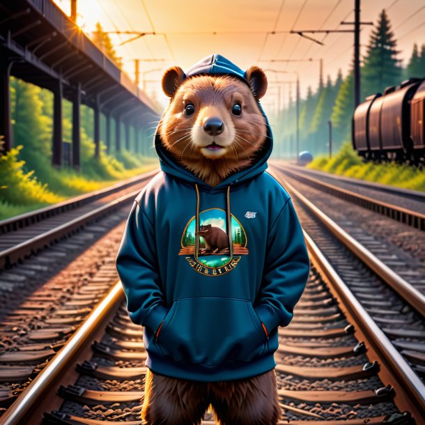 Foto de um castor em um hoodie nos trilhos ferroviários