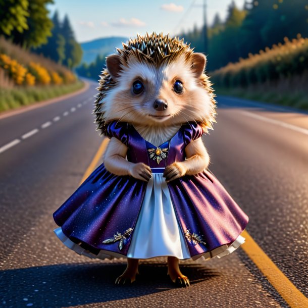 Pic of a hedgehog in a dress on the road